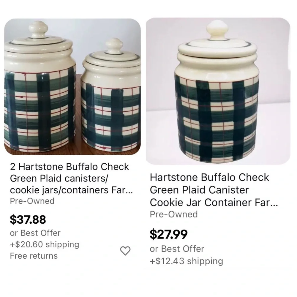 VTG Buffalo Hartstone USA 1983 Canister Green, Cream & Wine Plaid Farmhouse EUC